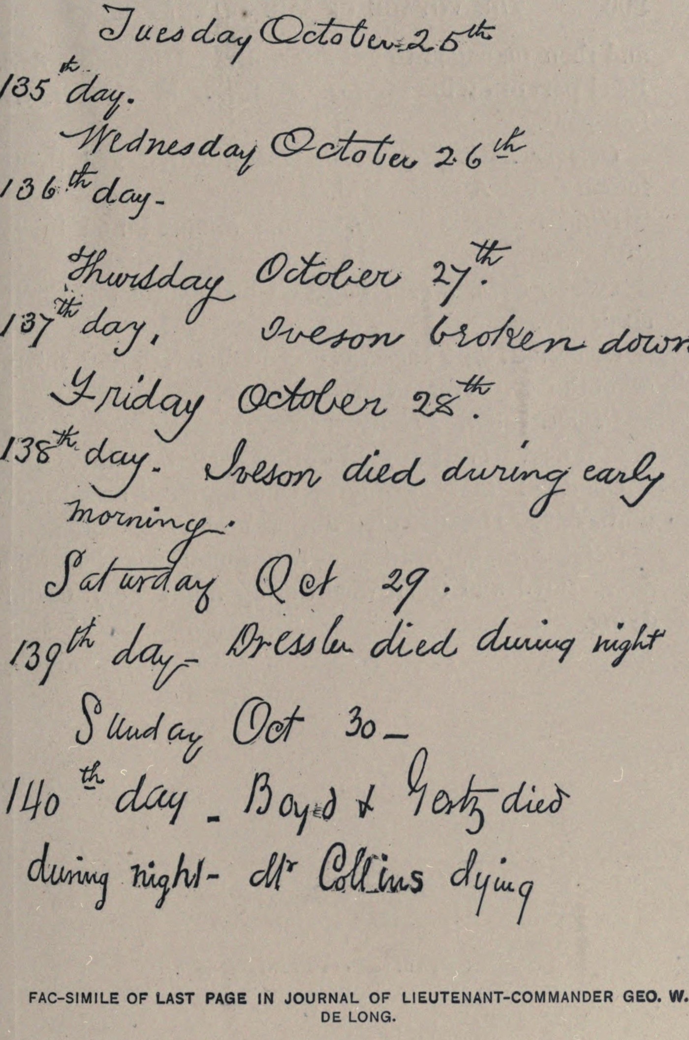A facsimile of a handwritten page: short entries for the 25th to the 30th of October, numbered as the 135th to the 140th day, the last reading Boyd and Gortz died during night, Mr Collins dying