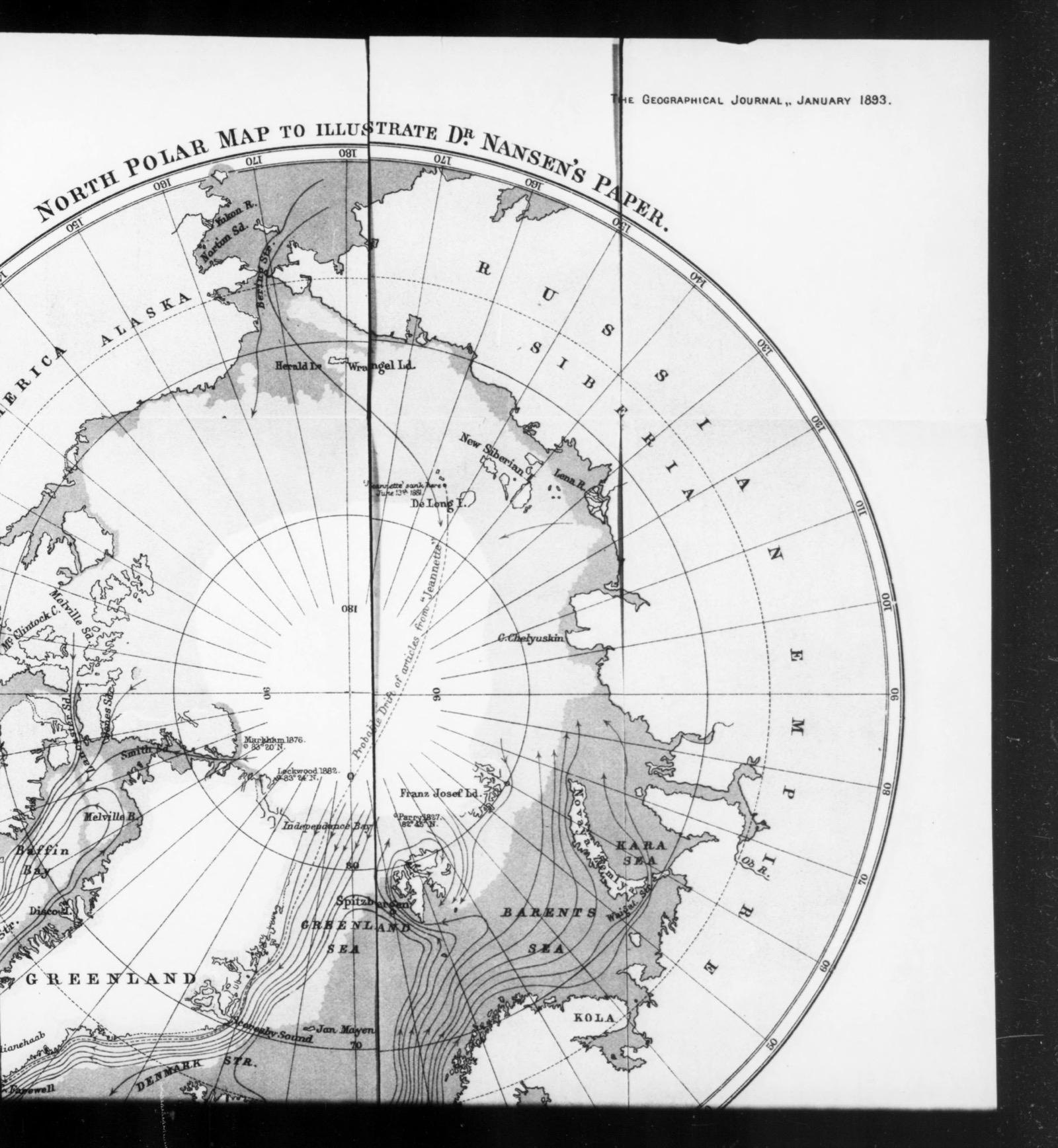 A map of the Arctic Ocean seen from above the Pole, with Siberia at the right, Greenland at the lower left, and a dotted line marked as the probable drift of articles from the Jeannette running from the place where she sank across the Pole to the Greenland Sea