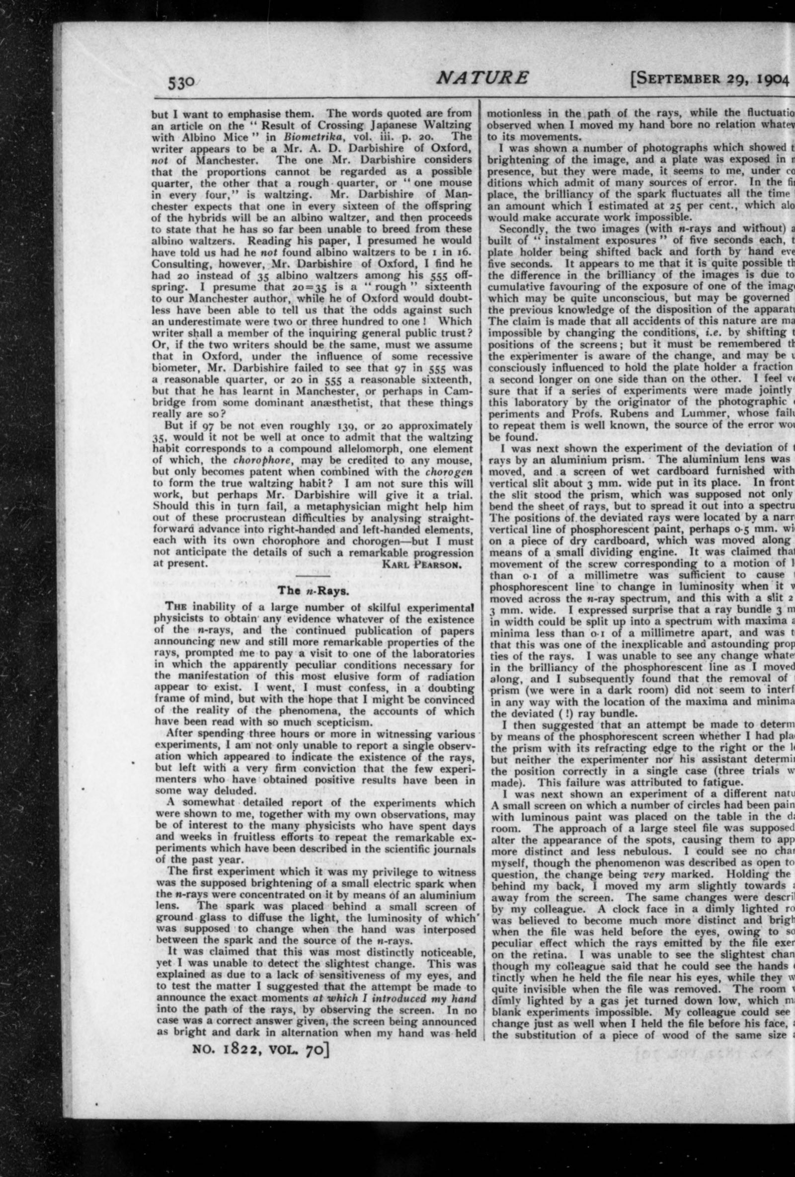 A two-column page of Nature dated September 29, 1904, numbered 530, with a letter headed The n-Rays beginning near the foot of the left-hand column and filling the right