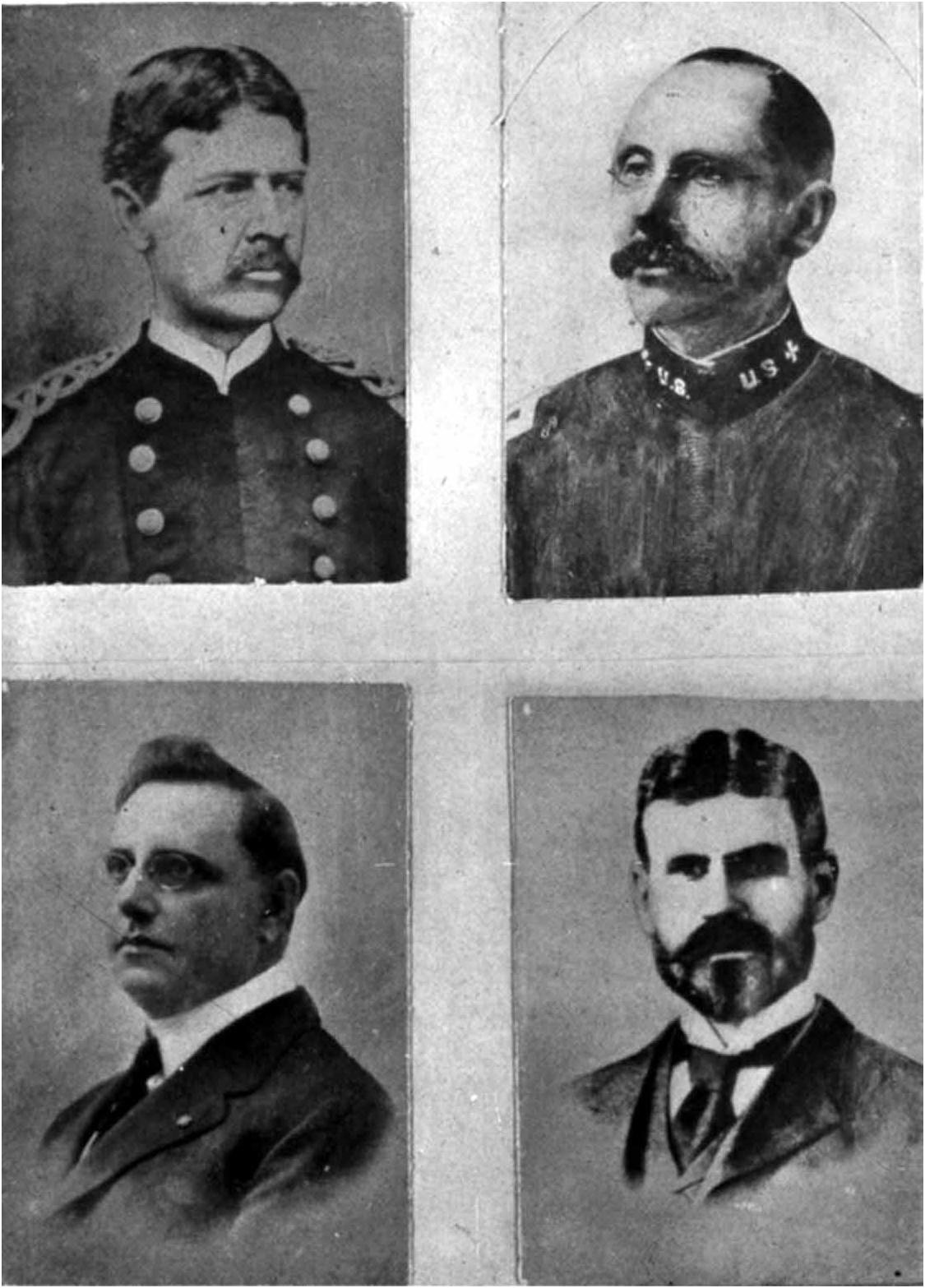 Four halftone portraits in a grid: two men in Army uniform above, Reed with a moustache and Carroll with spectacles and a heavy moustache, and two men in civilian collars below, Agramonte in pince-nez and Lazear with a dark beard