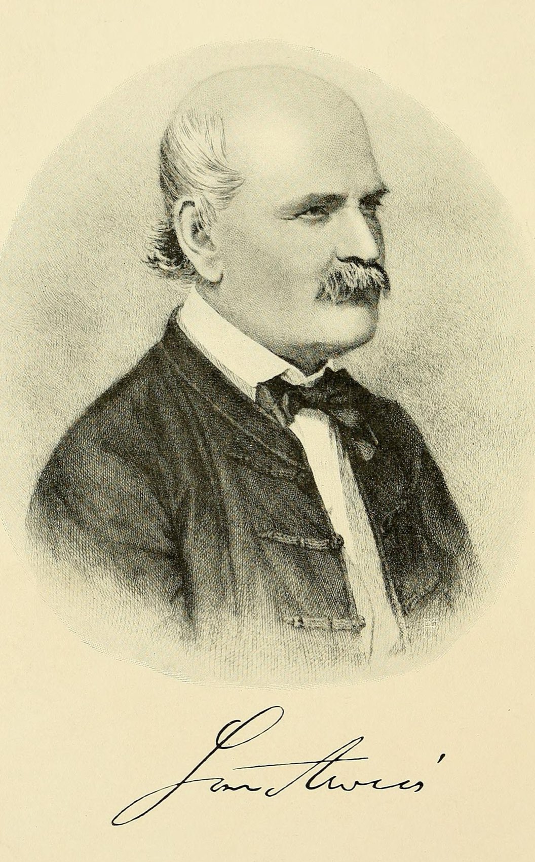 An engraved portrait of a bald man with a heavy moustache in a frogged Hungarian coat and black bow tie, in an oval, with his signature beneath