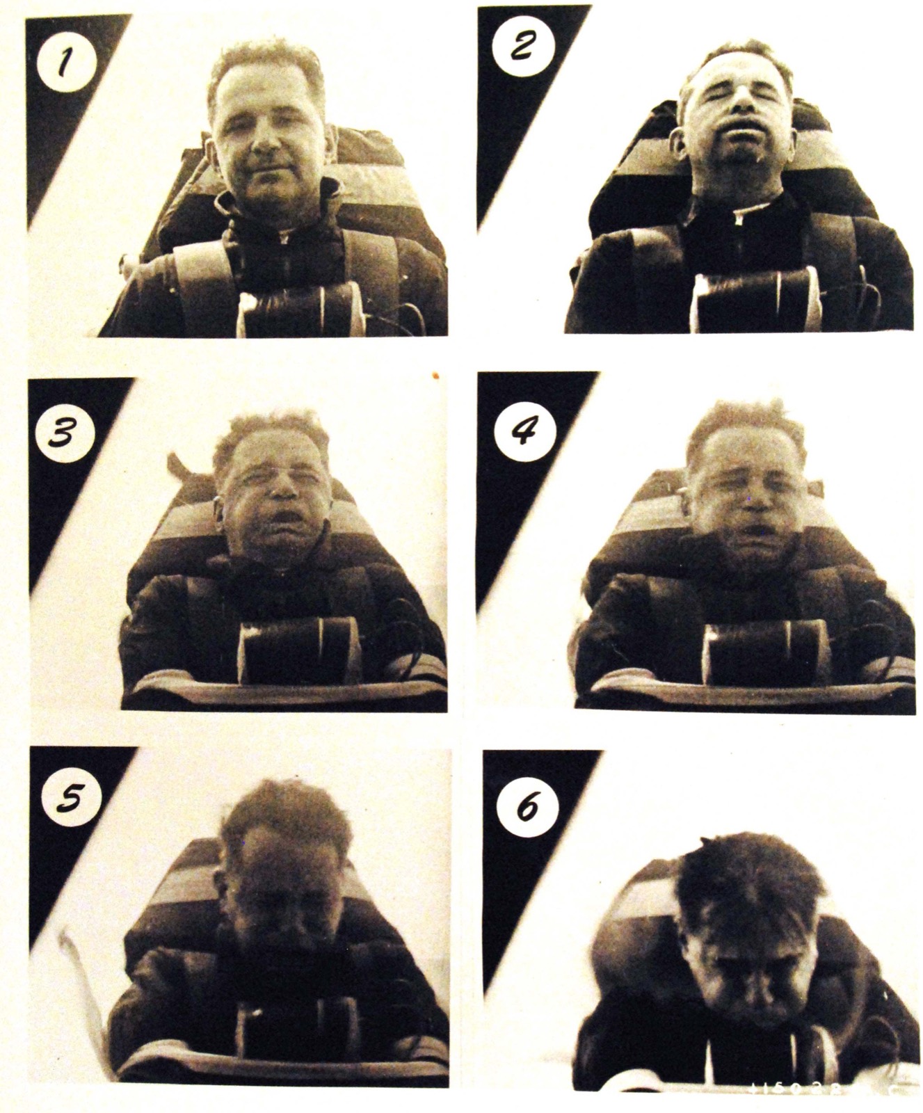 Six numbered frames from a camera facing a man in a seat: his face composed, then pressed back and flattened against the headrest, then dragged forward and down until only the top of his head shows