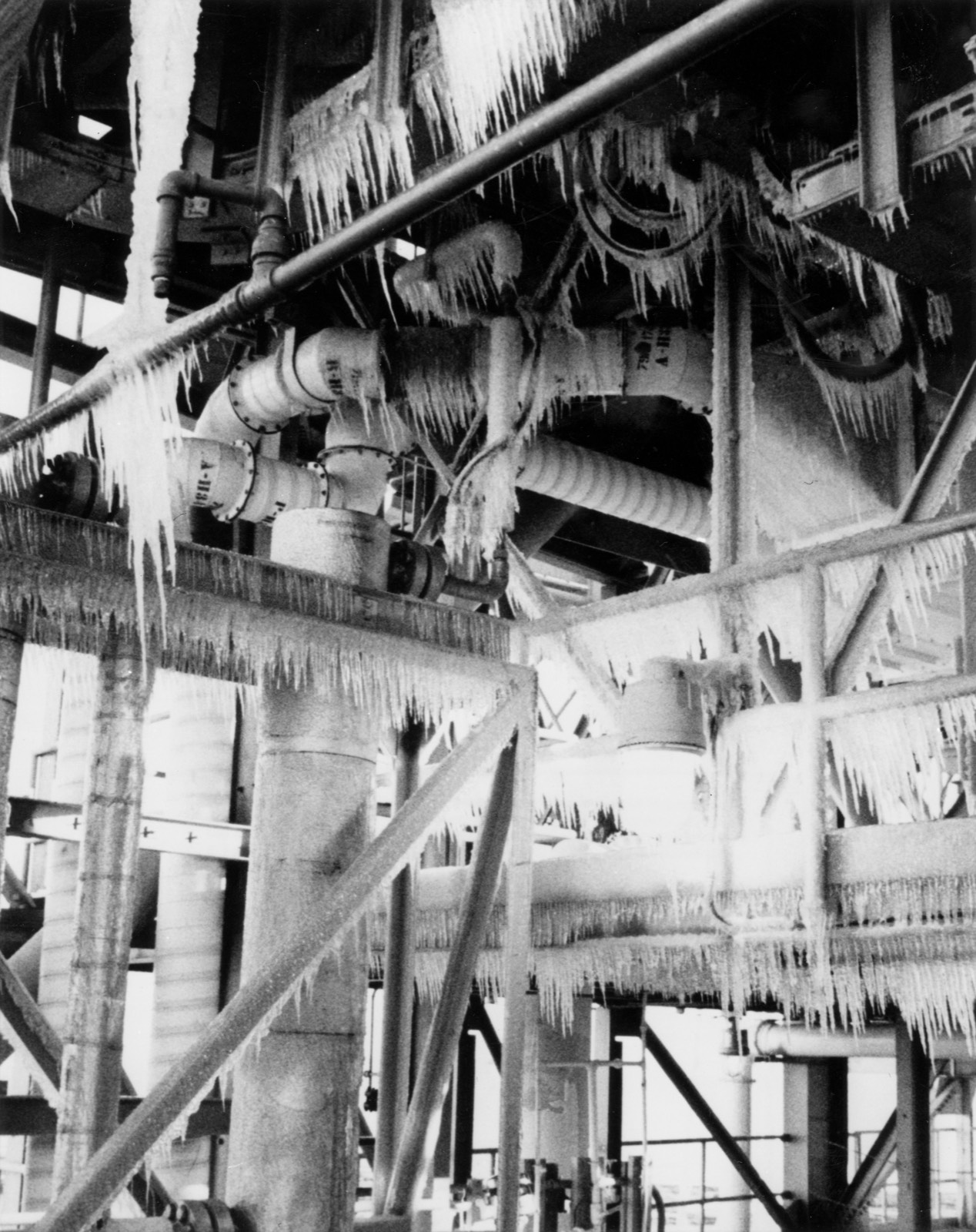 Icicles hanging thickly from the pipes, girders and walkways of the launch pad's steel service structure