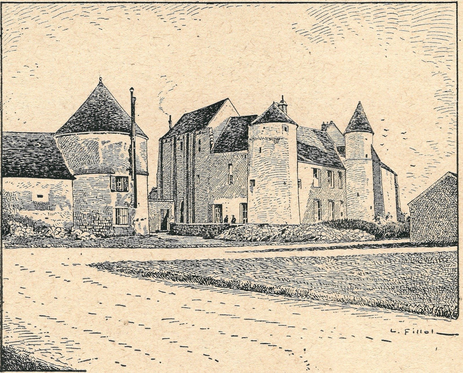 A pen drawing of a stone farmhouse with two round towers and a dovecote, a low wall and a road in front