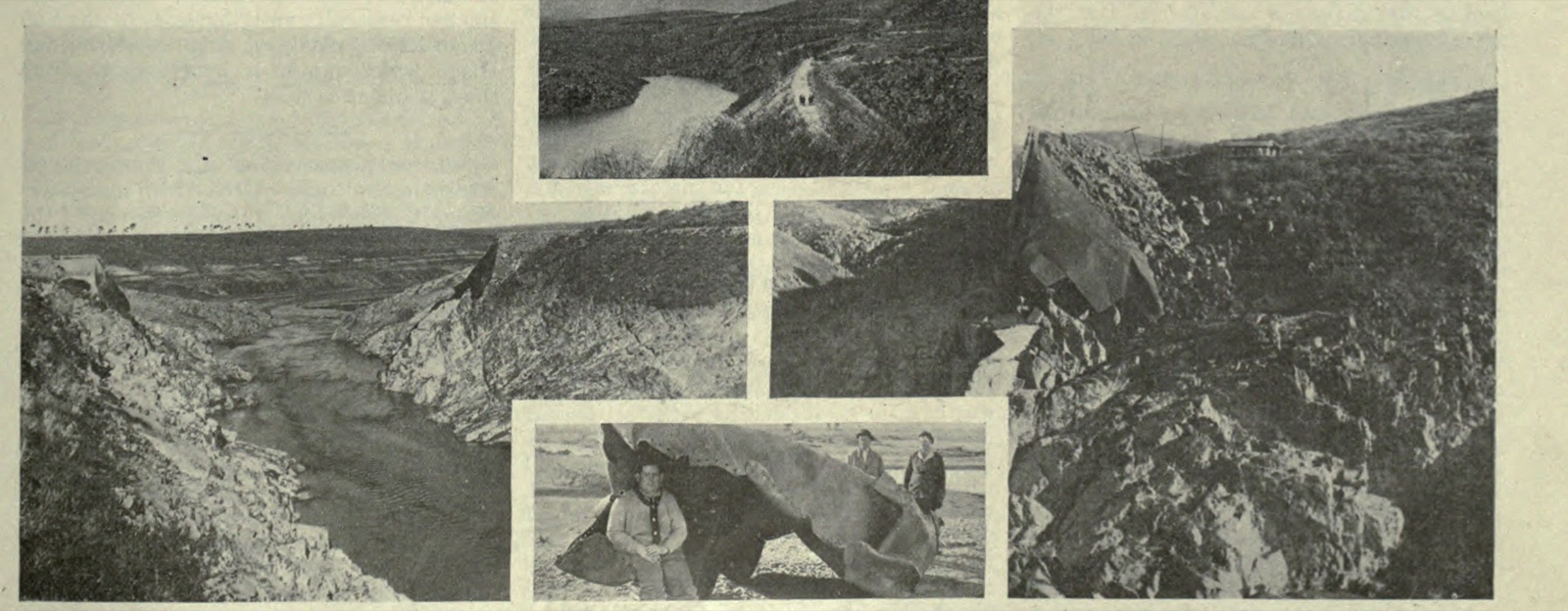 Three halftone photographs: the empty breach at the Lower Otay dam site from downstream, a small view of the dam before failure, a man crouched under a torn sheet of steel plate, and a bent section of steel core hanging at the abutment
