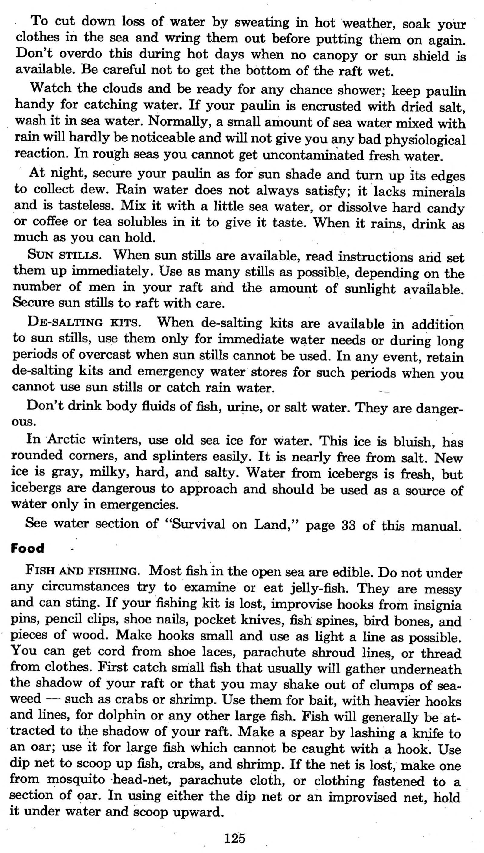 A printed page of a 1952 survival manual, headed with advice on sweating, rain water, sun stills and de-salting kits, with the line Don't drink body fluids of fish, urine, or salt water. They are dangerous, followed by a section on fish and fishing