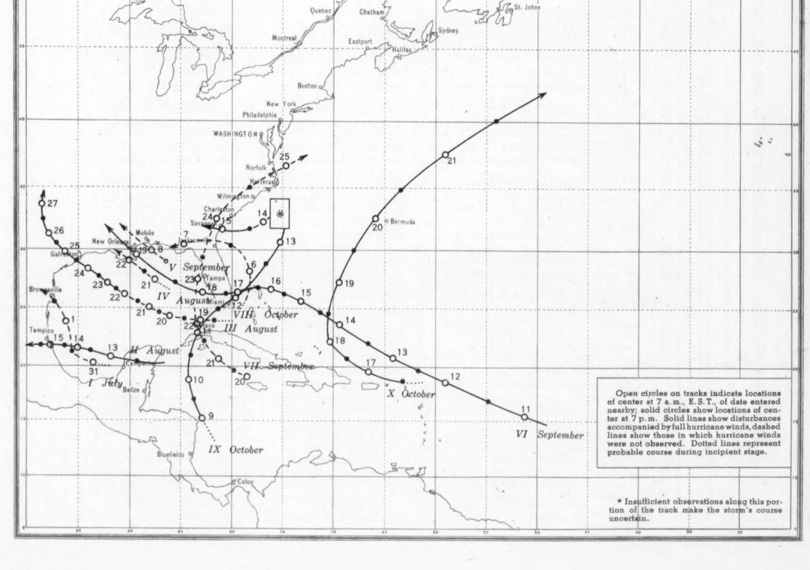 A Weather Bureau chart of the North Atlantic hurricane tracks of 1947, with track IX running north from the Caribbean across Florida, out to sea and back west into Georgia
