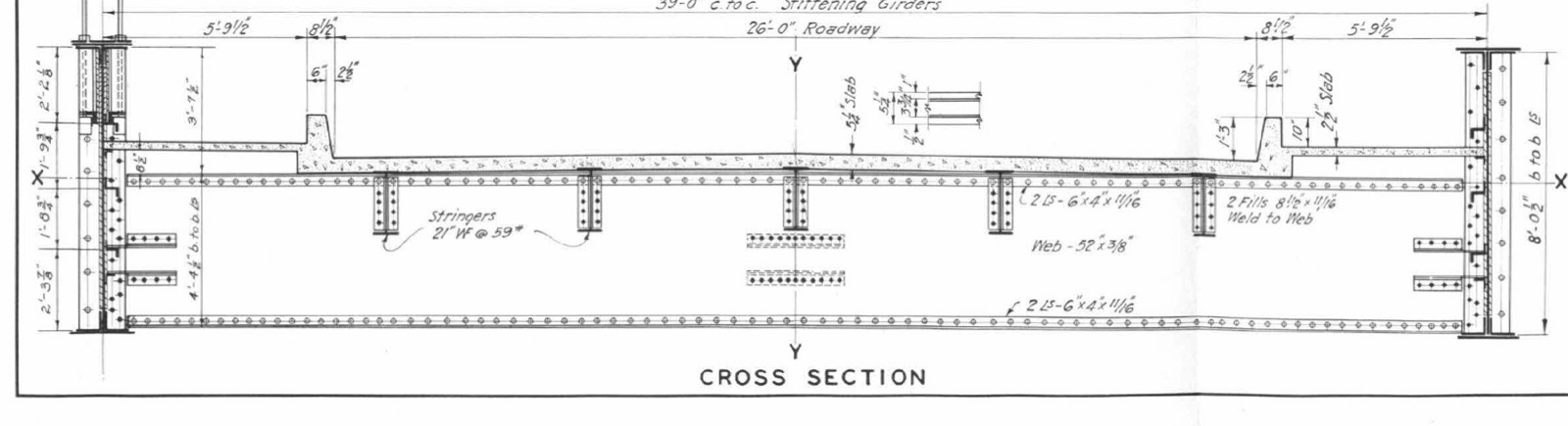 An engineering cross-section of the bridge deck: a twenty-six-foot concrete roadway on five steel stringers between two solid plate girders eight feet deep, thirty-nine feet apart centre to centre, with narrow sidewalks at the edges