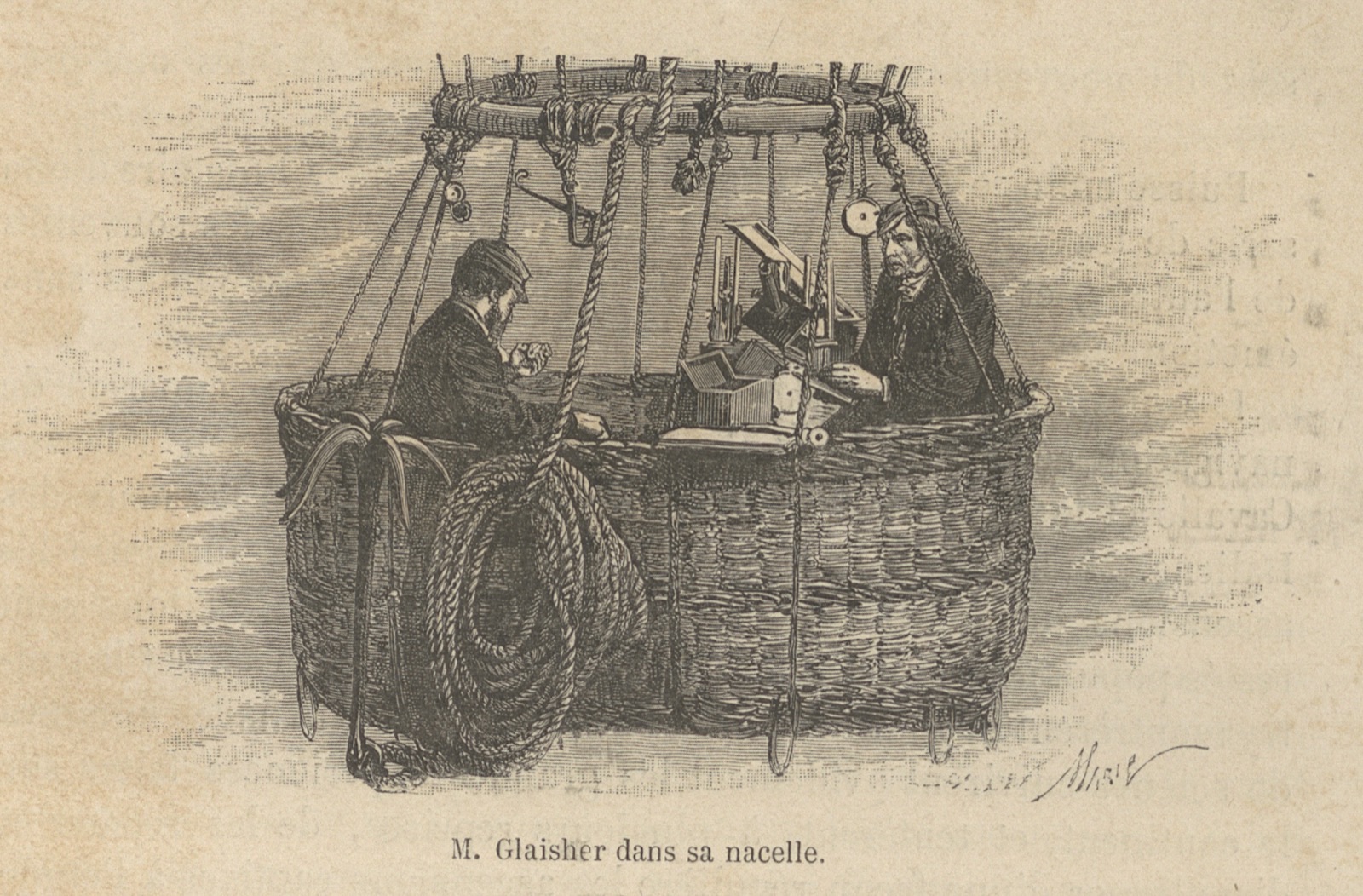 A woodcut of a wicker balloon car: a man in a cap and dark coat at a board crowded with thermometers and glass instruments, a second man with his back turned at the far end, a coiled rope and grapnel hanging outside