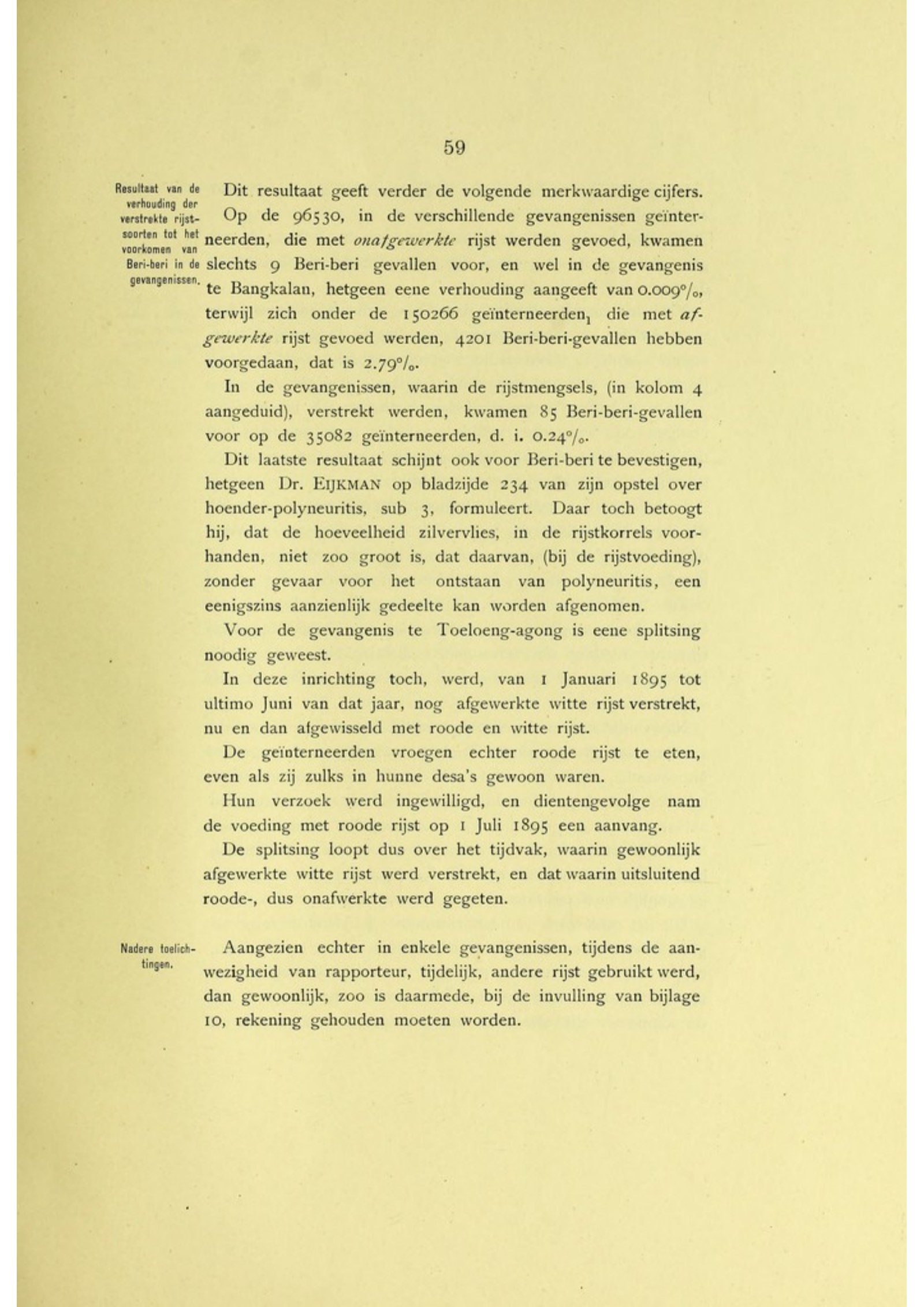 Page 59 of Vorderman's printed report, with a marginal heading on the result of the relation between the kinds of rice supplied and the occurrence of beri-beri in the prisons, and figures of 96,530, 9, 150,266, 4,201 and 35,082 in the text