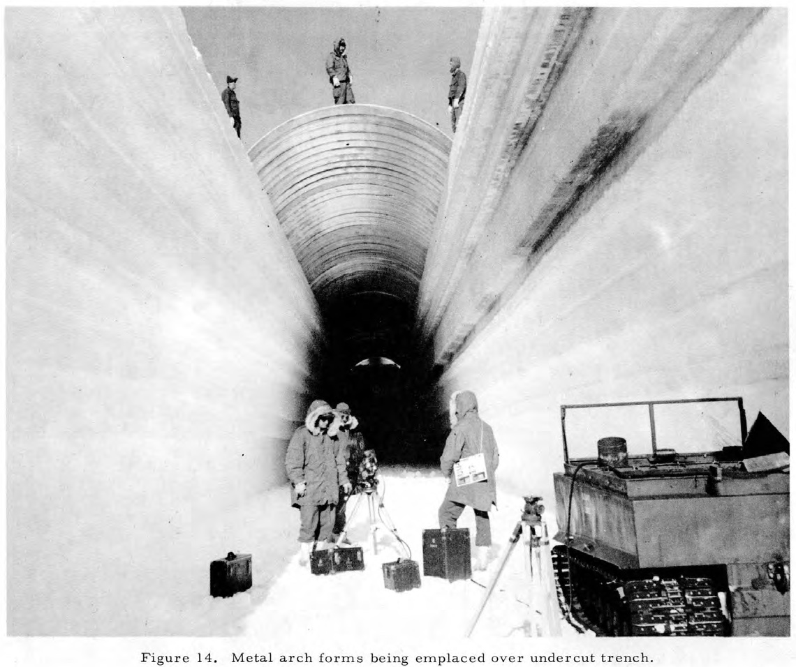A deep straight-walled trench cut in snow, with a curved corrugated steel arch form being set over it at the far end, three soldiers standing on the snow above it, and surveyors with instruments and a tracked vehicle in the foreground