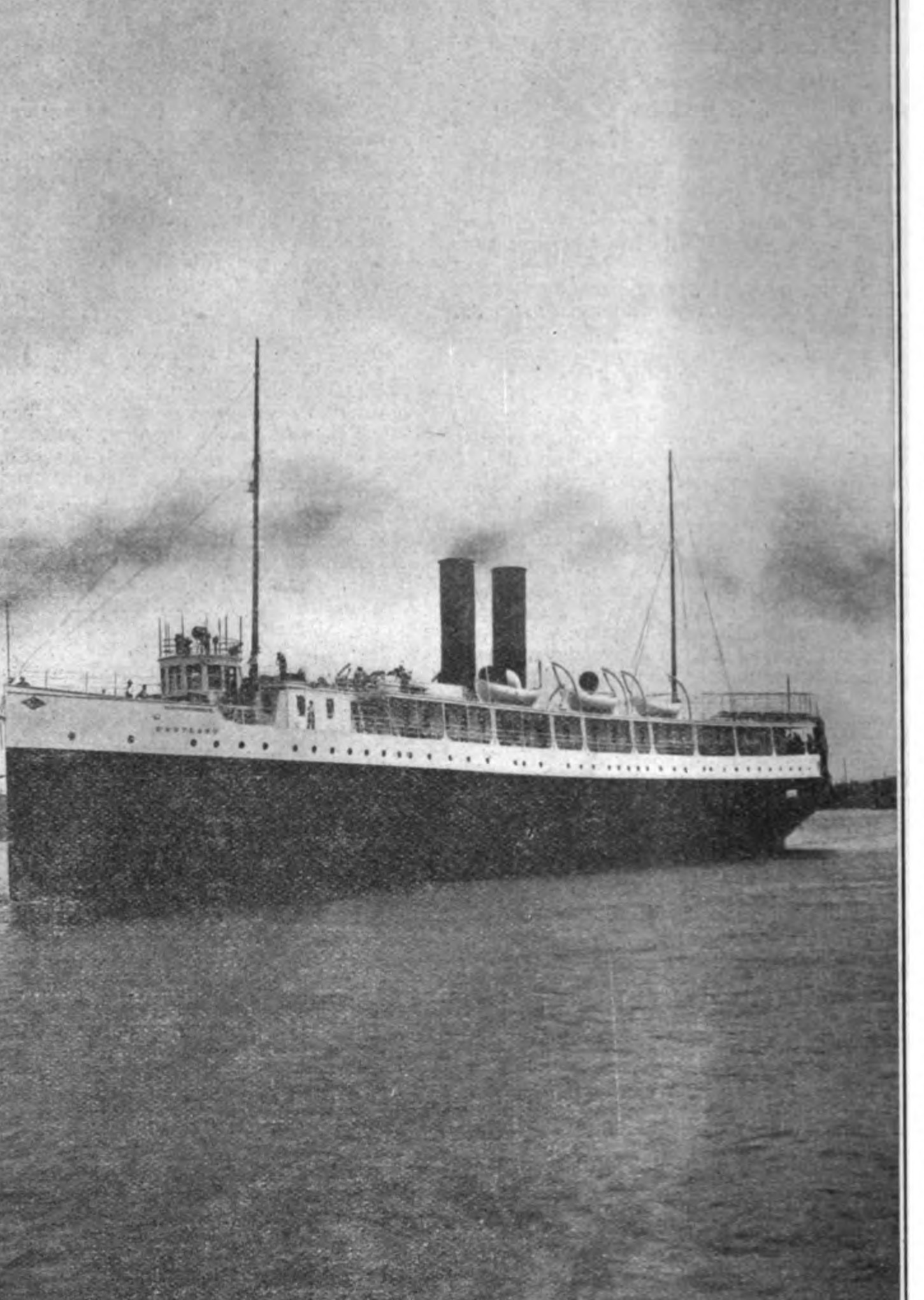 The new twin-screw steamer Eastland under way in calm water in 1903, white hull with a black band at the waterline, two raked funnels, a long row of stateroom windows along the upper deck