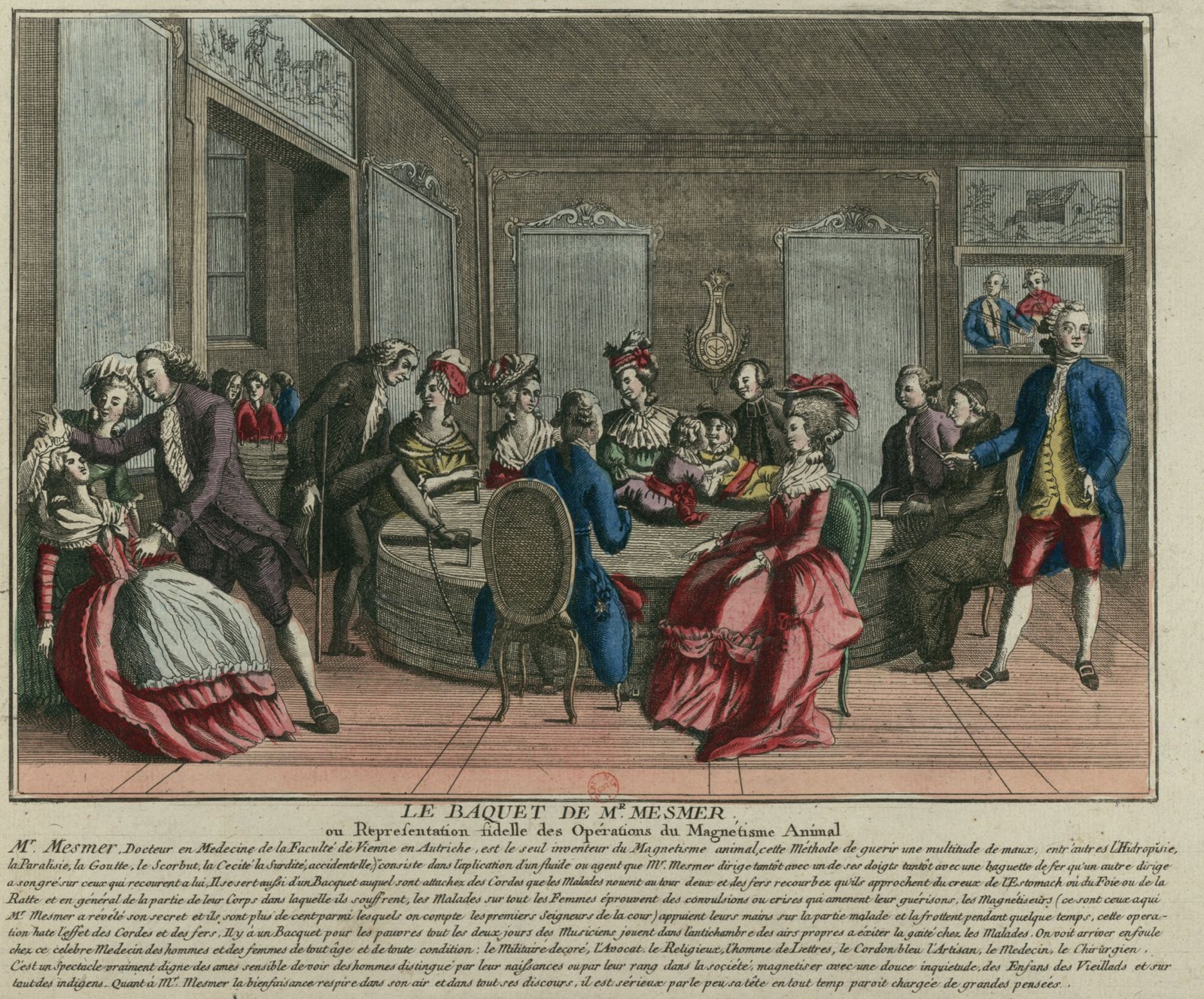 A coloured eighteenth-century print of a panelled salon in which men and women in wigs and gowns sit and stand around a large round wooden tub with iron rods rising from its lid; at the left a man in a violet coat supports a swooning woman, and a man with a cane bends to the tub