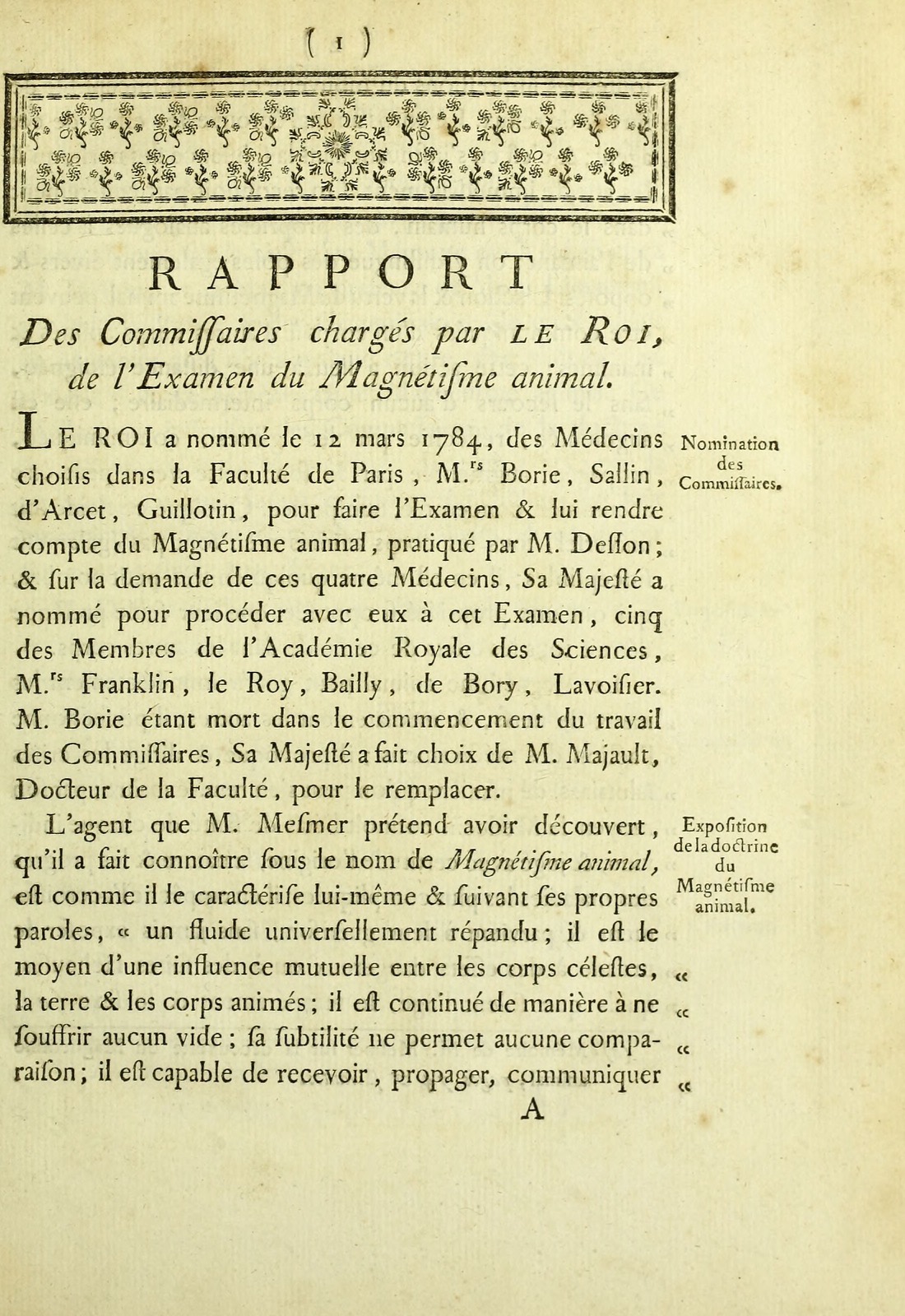 The first page of a printed eighteenth-century French report, headed with an ornamental band and the words Rapport des Commissaires chargés par le Roi, de l'Examen du Magnétisme animal, beginning Le Roi a nommé le 12 mars 1784