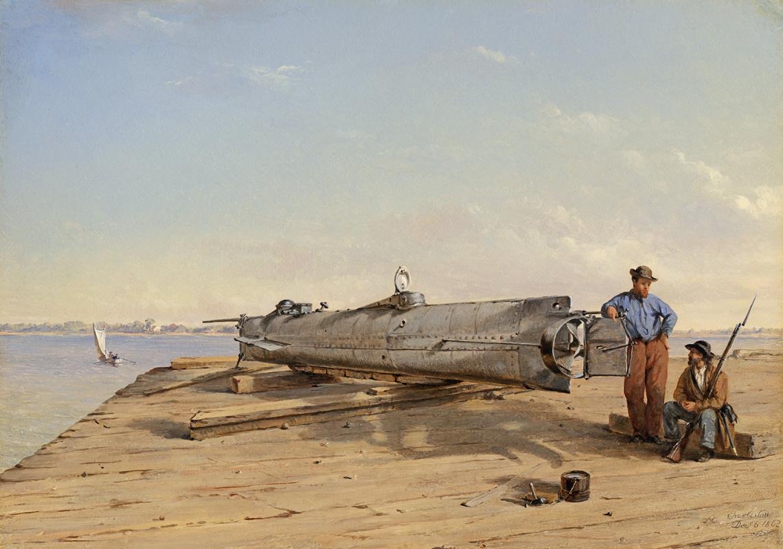 A painting of a long dark iron submarine lying on a wooden dock beside the water, with a man in a hat standing by its stern and a fort in the distance