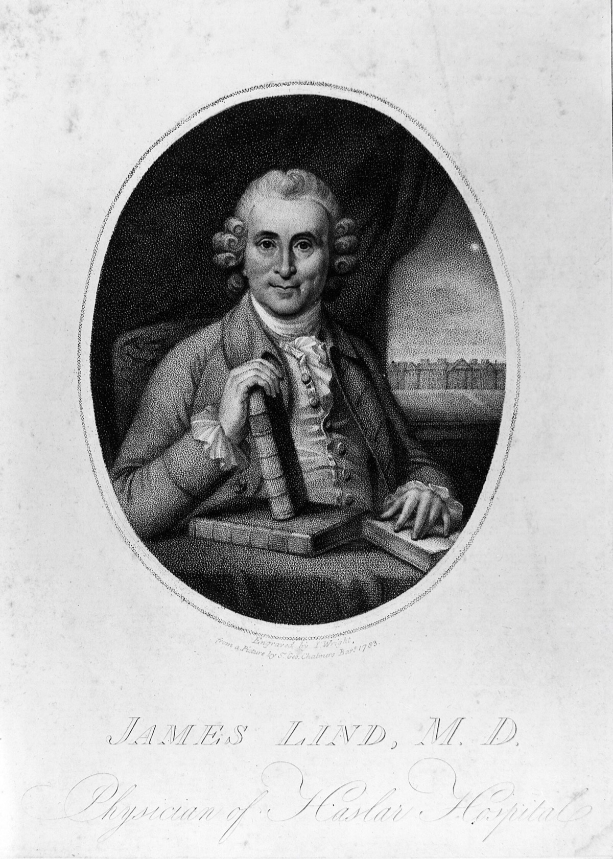 A stipple engraving of James Lind in an oval frame, seated in a wig and coat with one hand on a stack of books and a long low building through the window behind him, lettered James Lind, M.D., Physician of Haslar Hospital